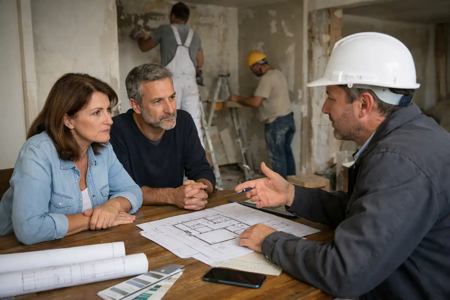 Couple discutant des plans de rénovation avec entrepreneur