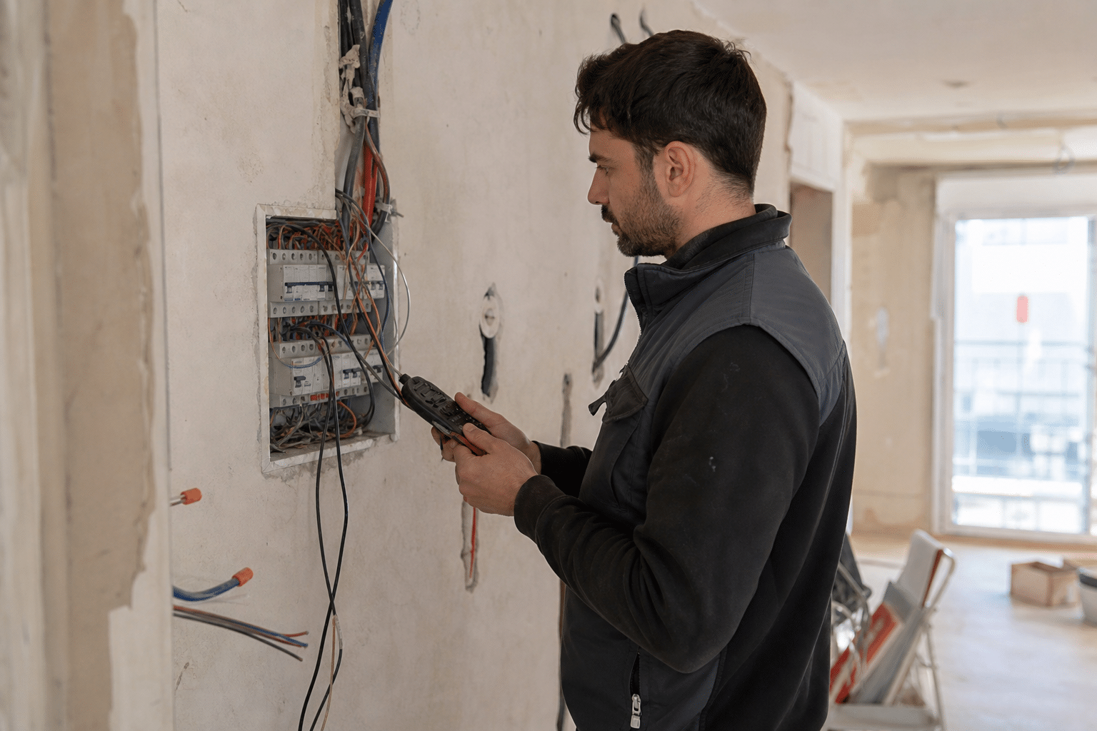 électricien réparant un tableau électrique encastré