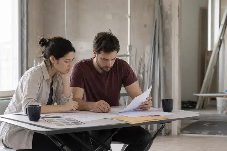 Deux personnes consultant des plans sur une table