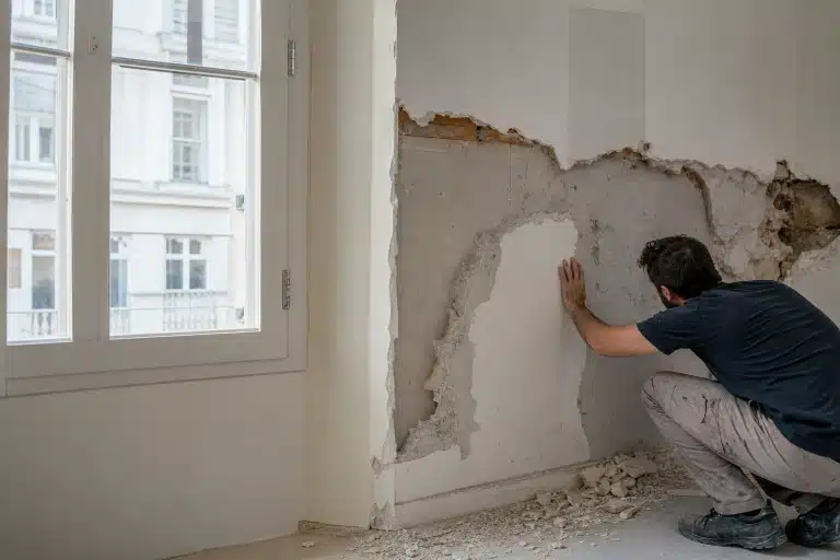 Personne appliquant enduit sur mur abîmé