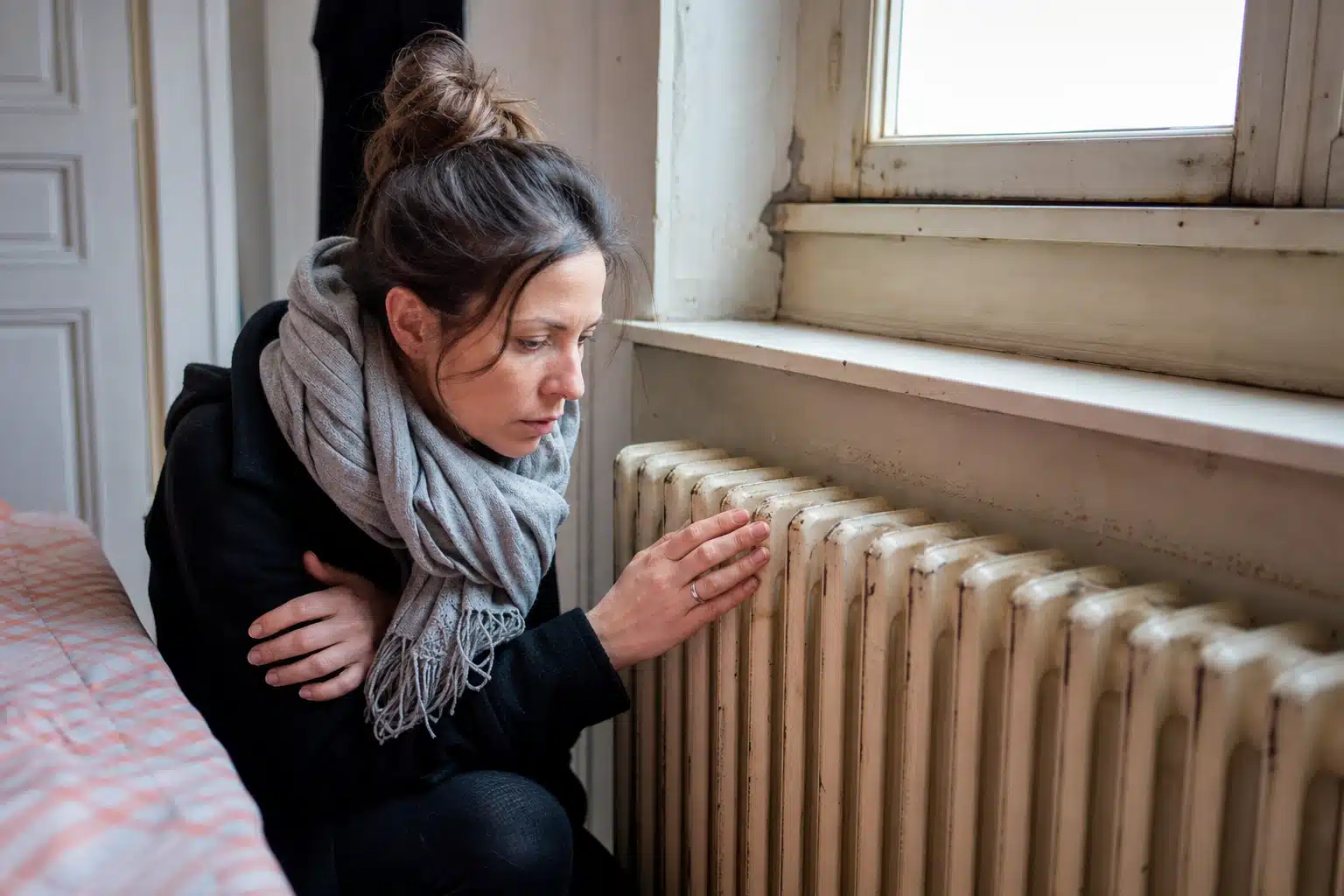 Femme examinant un radiateur près d'une fenêtre