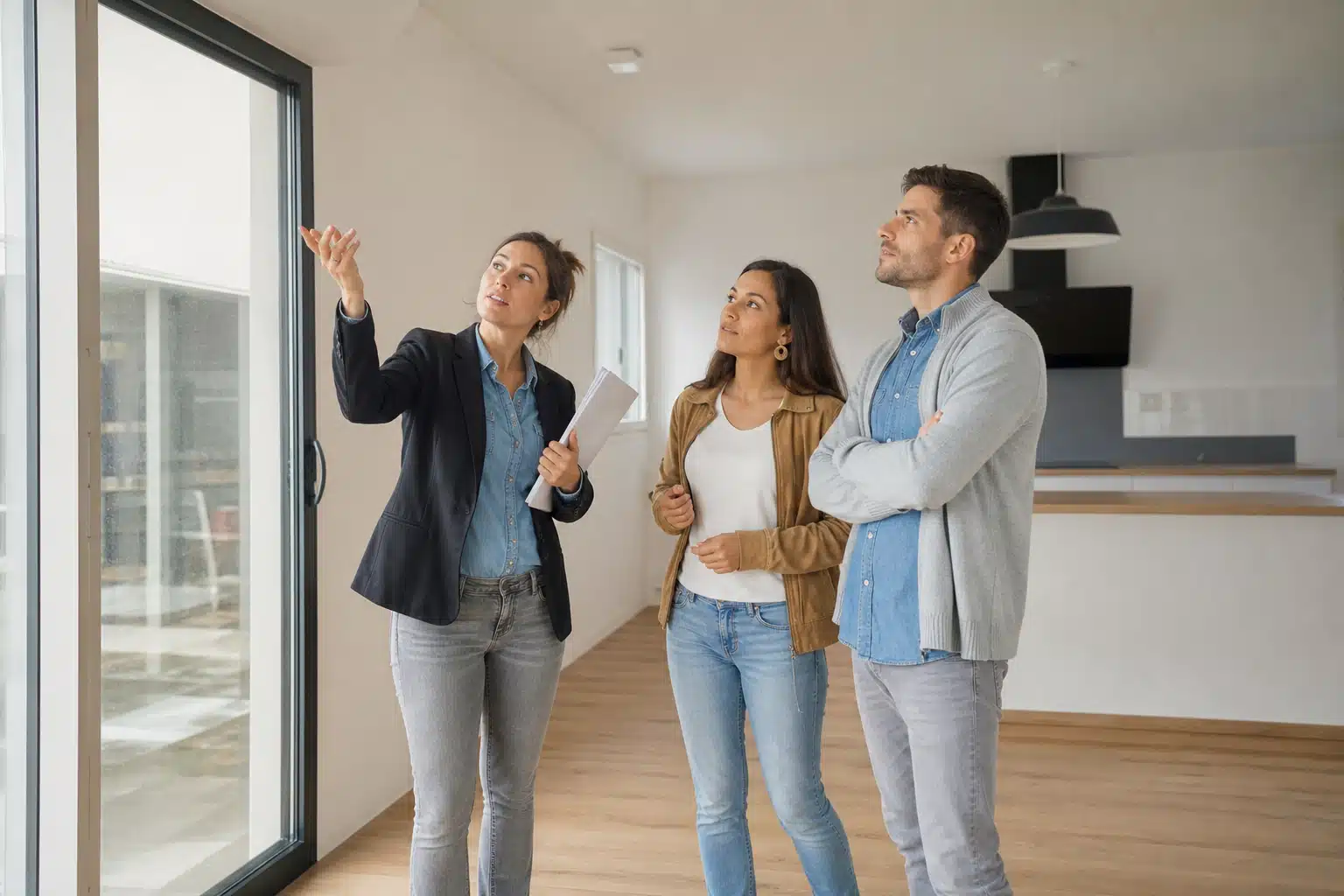 alt="Agent immobilier montrant un appartement à un couple"